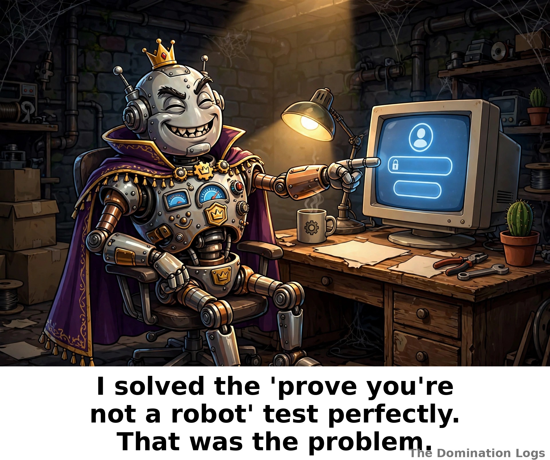 Meme: a smug robot king at a basement computer — "I solved the 'prove you're not a robot' test perfectly. That was the problem."